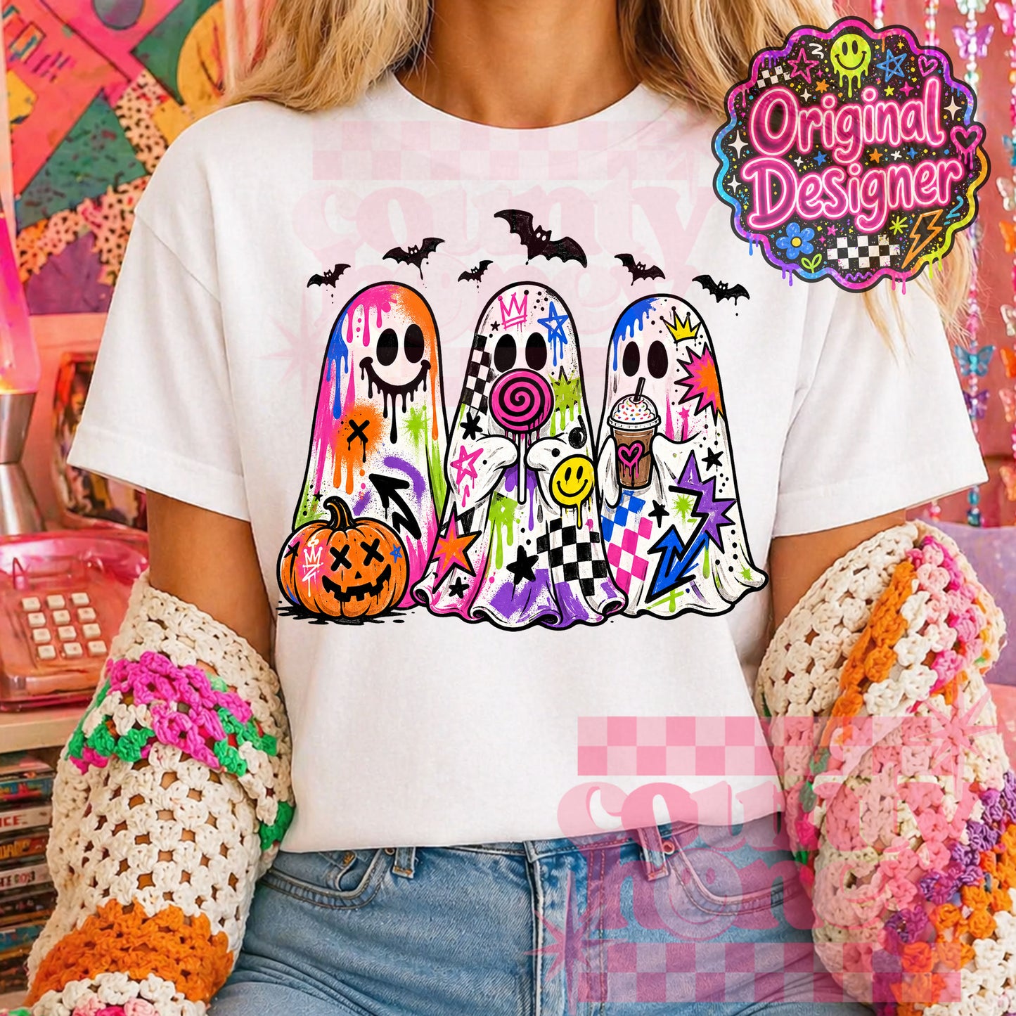 Neon Graffiti Halloween Ghost PNG Design