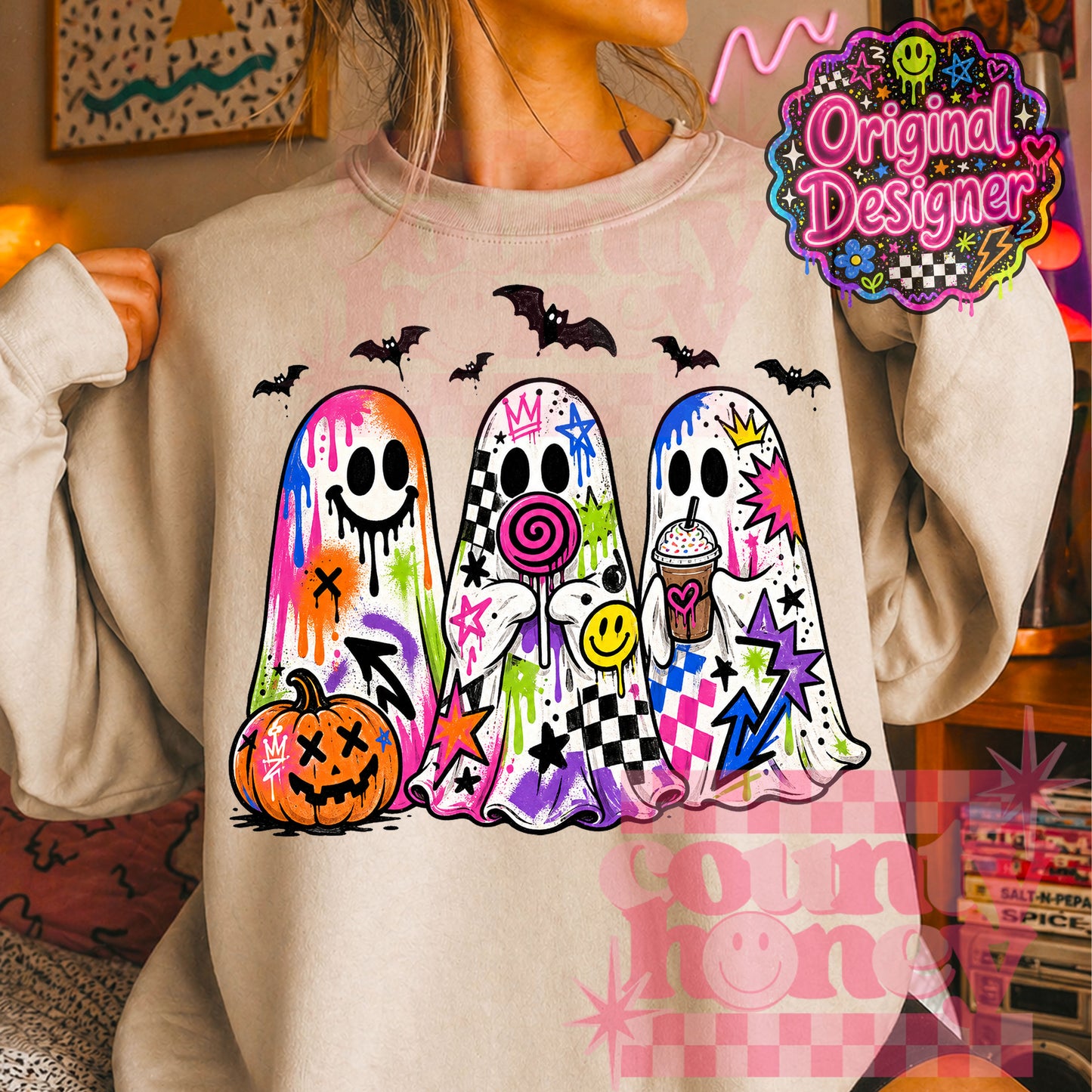 Neon Graffiti Halloween Ghost PNG Design