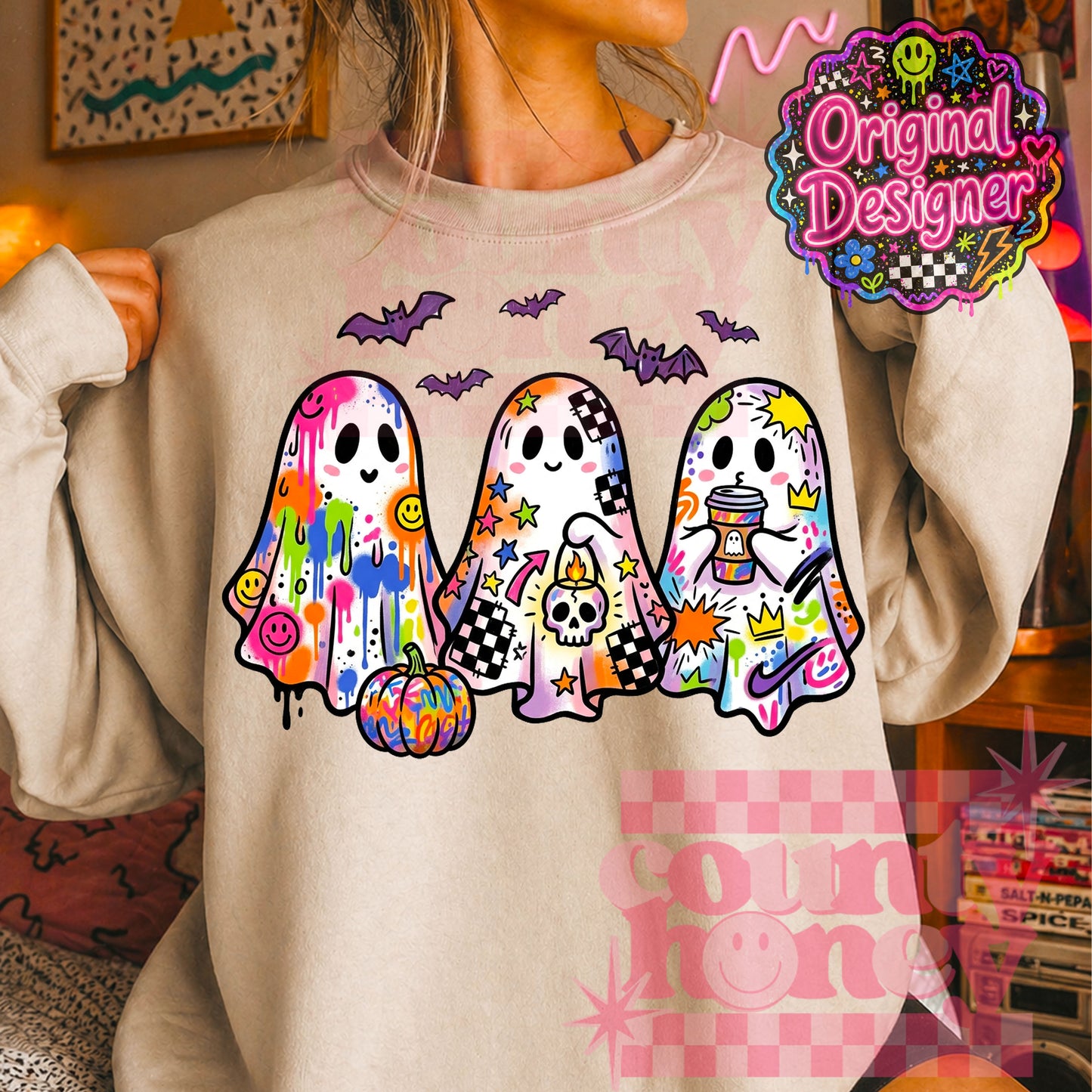 Neon Graffiti Halloween Ghost PNG Design