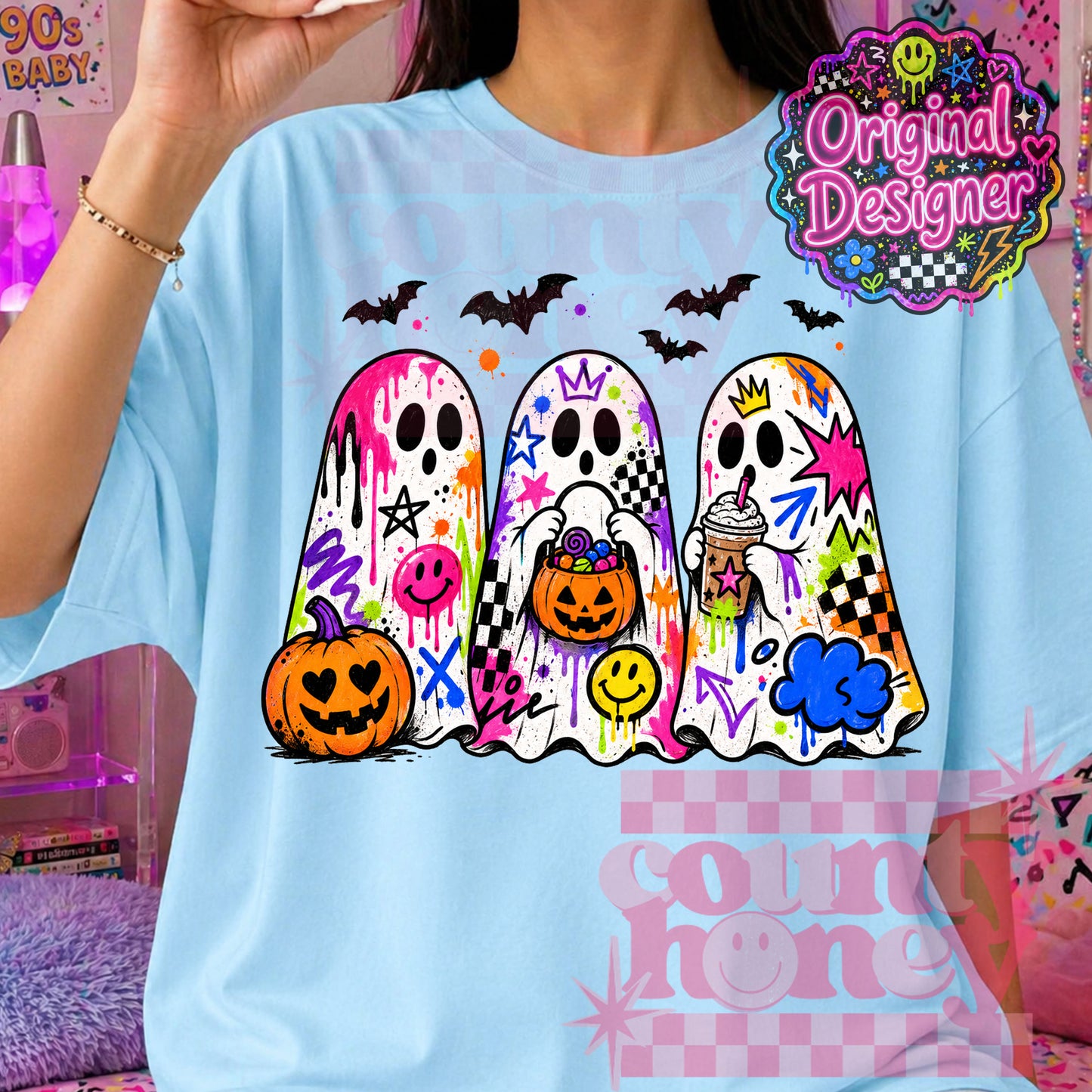 Neon Graffiti Halloween Ghost PNG Design