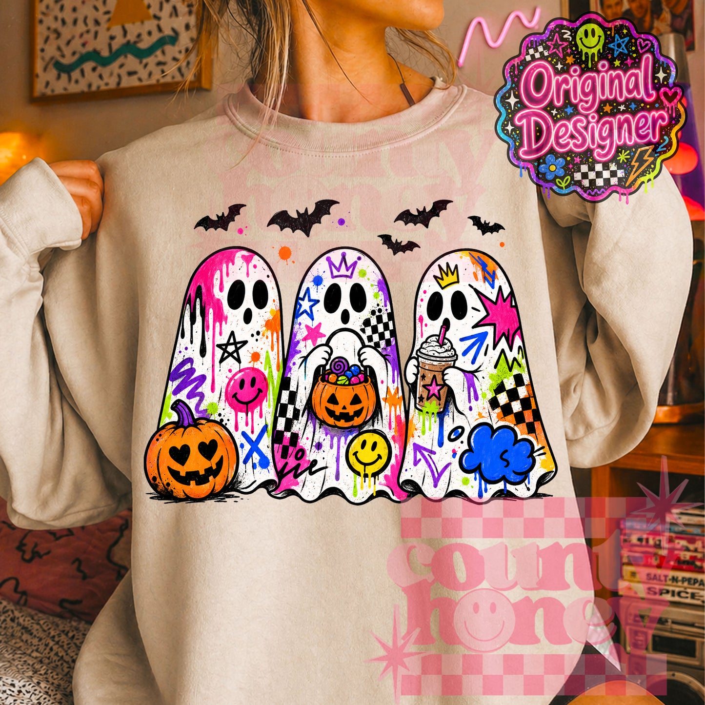 Neon Graffiti Halloween Ghost PNG Design